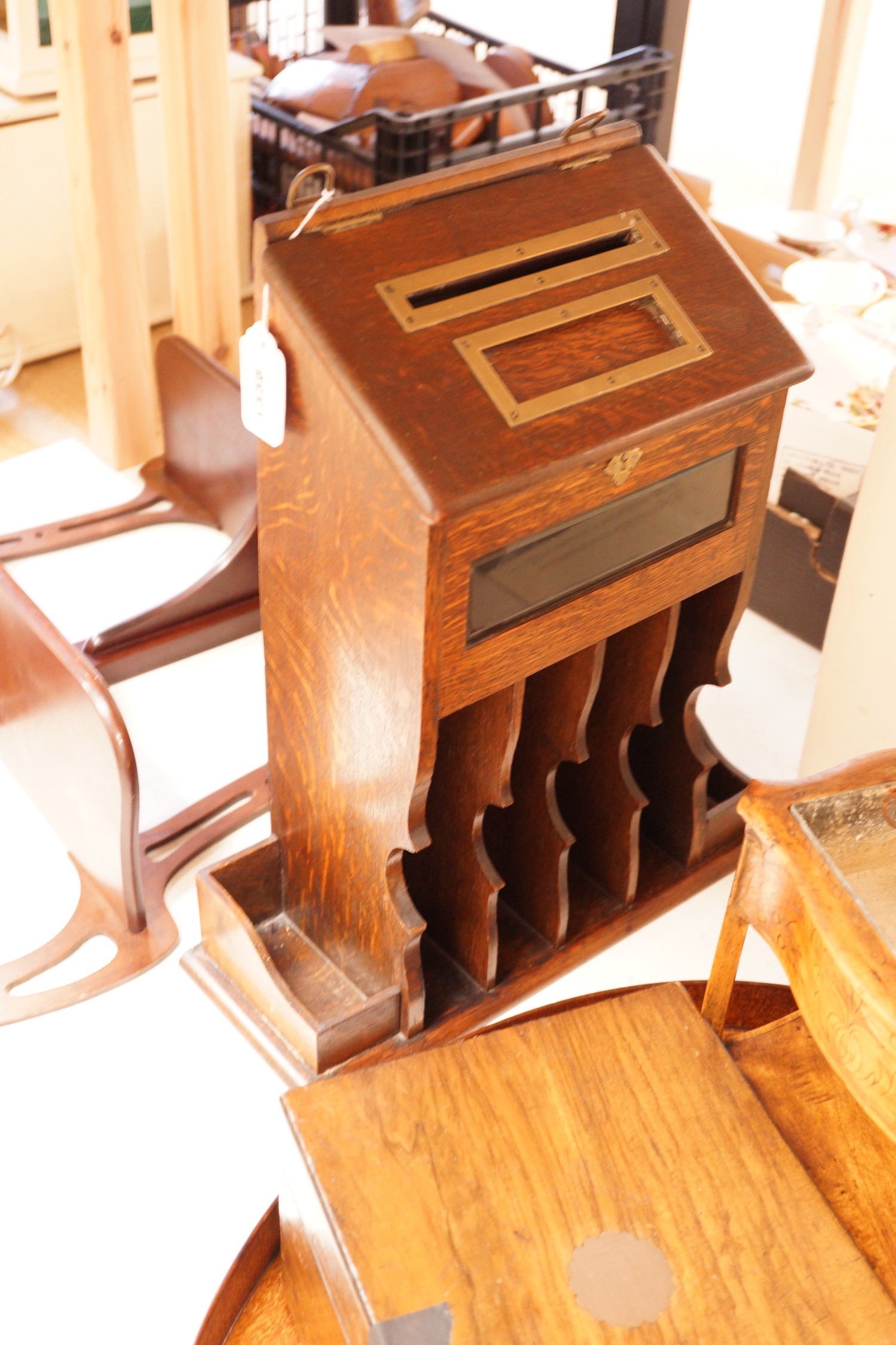 A Victorian wall shelf and oak letter box, tray, etc